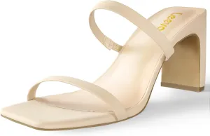 Leevar Square Toe Heels Sandals - White Black Nude Heels Chunky Two Strap Low Heels for Women Leather Mule Sandals Slip On Block Heels for Party Dating Daily Standard Size 2.75 Inch