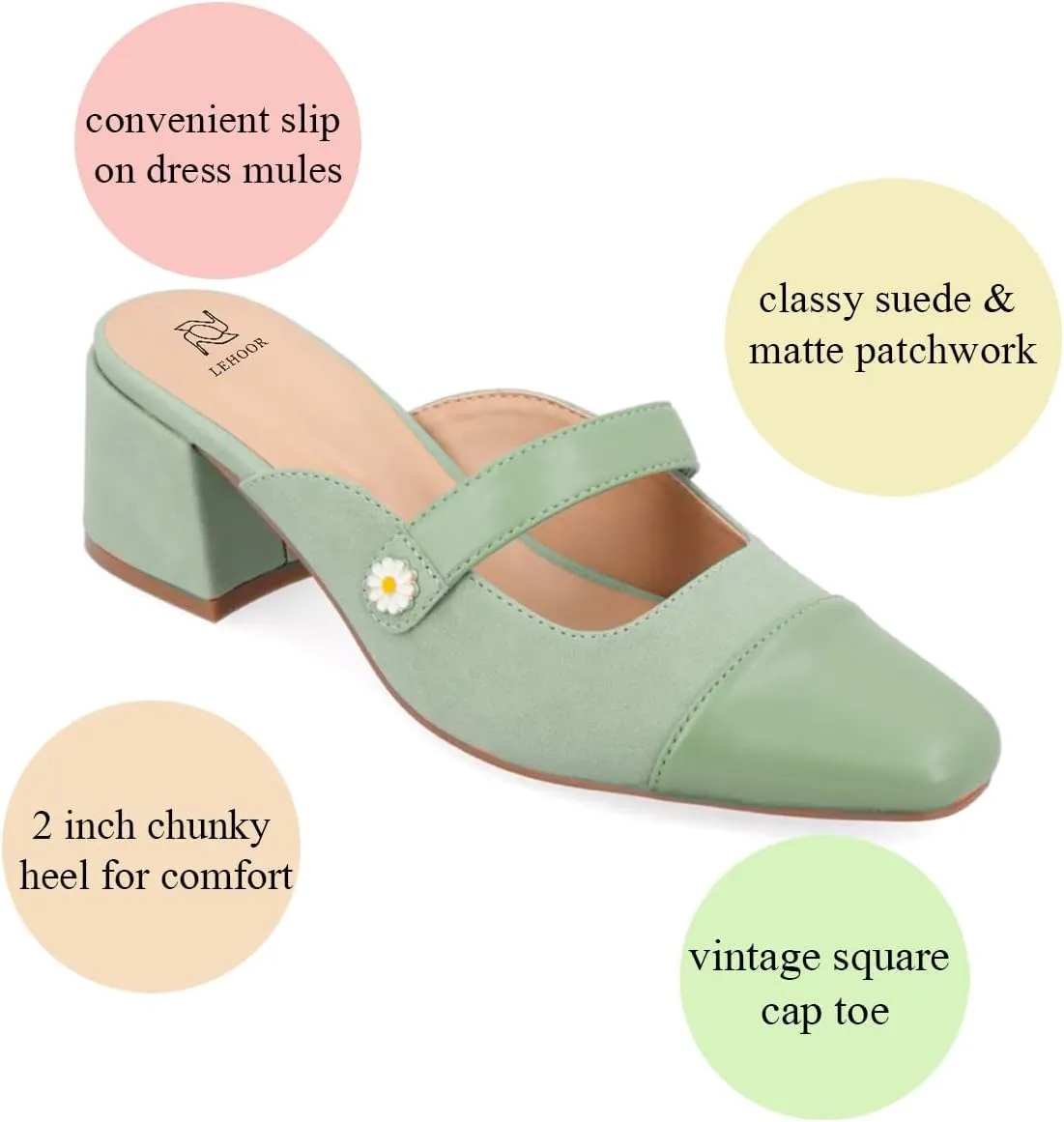LEHOOR Women Low Chunky Heel Mules Closed Square Toe Two-Toned Dress Sandals Slip On 2 Inch Heels Slide Shoes Flower-Buckle Strap Backless Slippers Suede Matte Patchwork Comfort Office Daily 4-11 M US