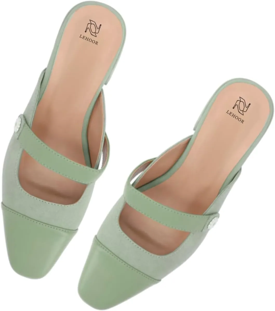 LEHOOR Women Low Chunky Heel Mules Closed Square Toe Two-Toned Dress Sandals Slip On 2 Inch Heels Slide Shoes Flower-Buckle Strap Backless Slippers Suede Matte Patchwork Comfort Office Daily 4-11 M US