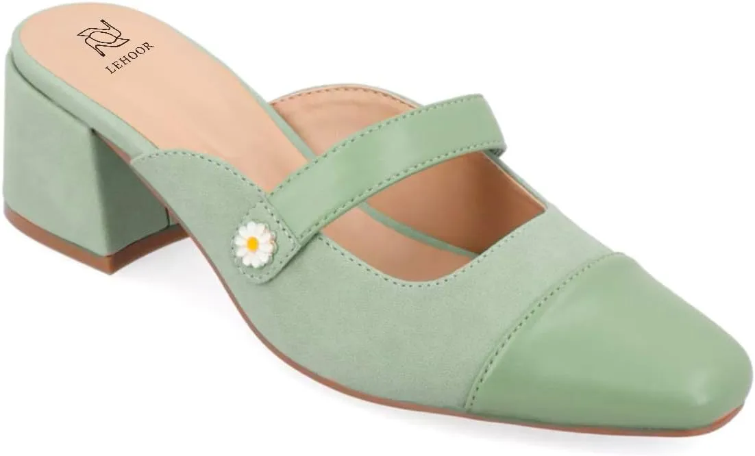LEHOOR Women Low Chunky Heel Mules Closed Square Toe Two-Toned Dress Sandals Slip On 2 Inch Heels Slide Shoes Flower-Buckle Strap Backless Slippers Suede Matte Patchwork Comfort Office Daily 4-11 M US