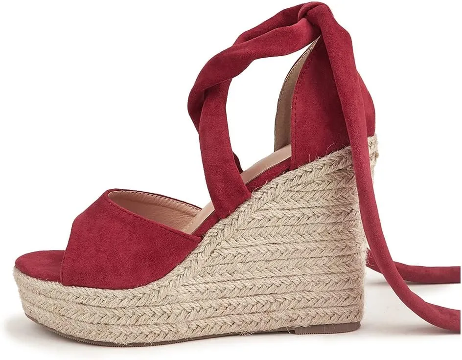 LEMUTISME Women's Trendy Suede Peep Toe Ankle-Tie Strap Lace Up Espadrille Platform Slip On Wedge Heel Summer Sandals
