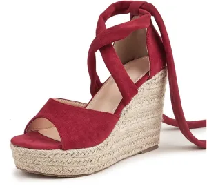 LEMUTISME Women's Trendy Suede Peep Toe Ankle-Tie Strap Lace Up Espadrille Platform Slip On Wedge Heel Summer Sandals