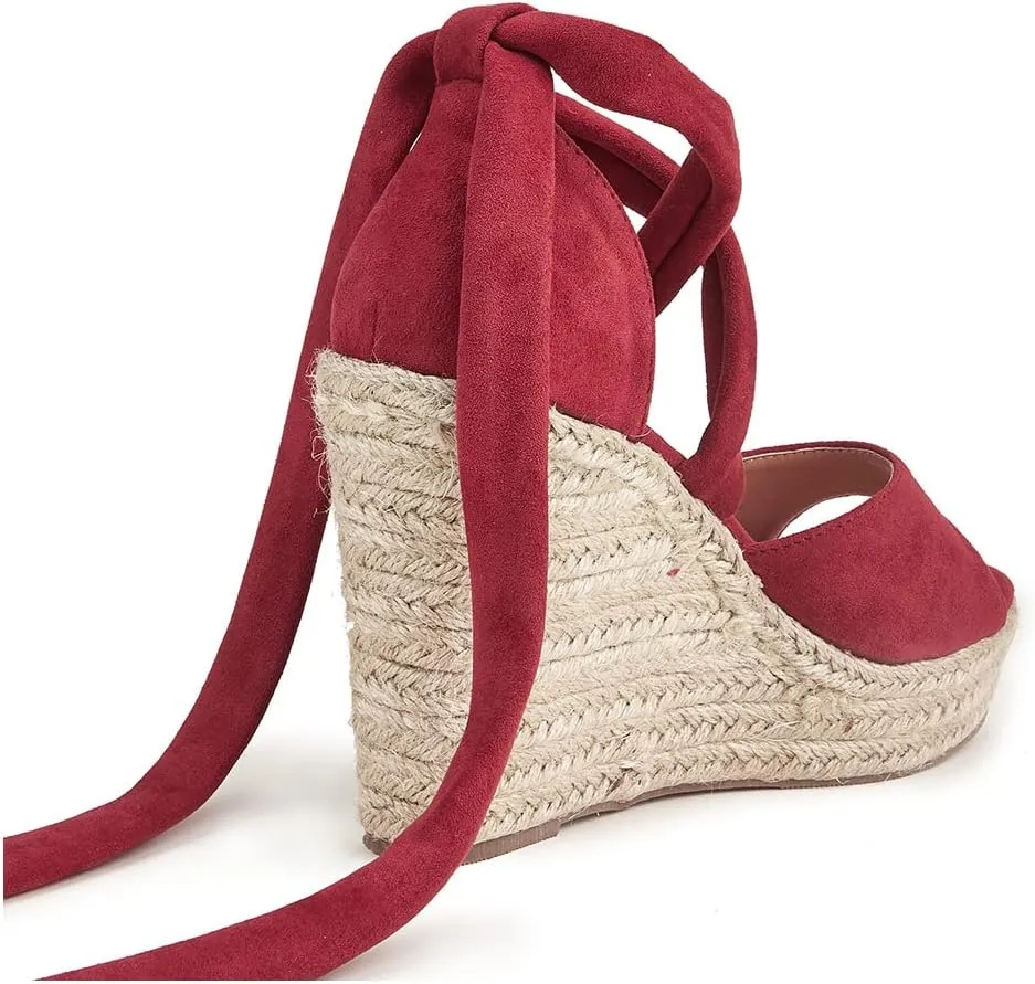 LEMUTISME Women's Trendy Suede Peep Toe Ankle-Tie Strap Lace Up Espadrille Platform Slip On Wedge Heel Summer Sandals