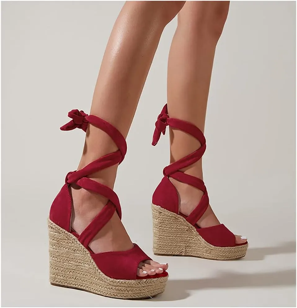 LEMUTISME Women's Trendy Suede Peep Toe Ankle-Tie Strap Lace Up Espadrille Platform Slip On Wedge Heel Summer Sandals