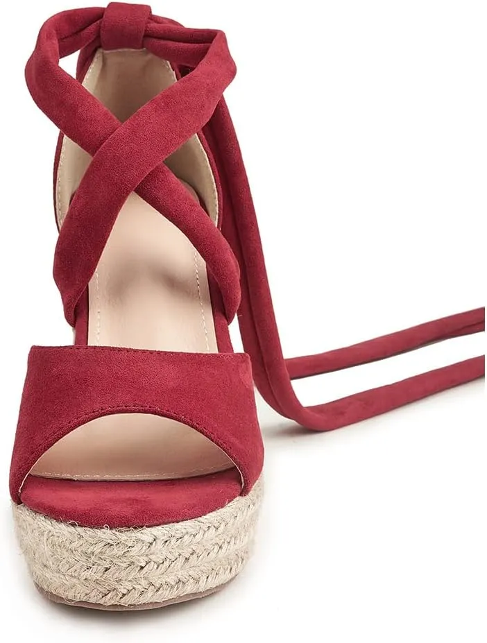 LEMUTISME Women's Trendy Suede Peep Toe Ankle-Tie Strap Lace Up Espadrille Platform Slip On Wedge Heel Summer Sandals