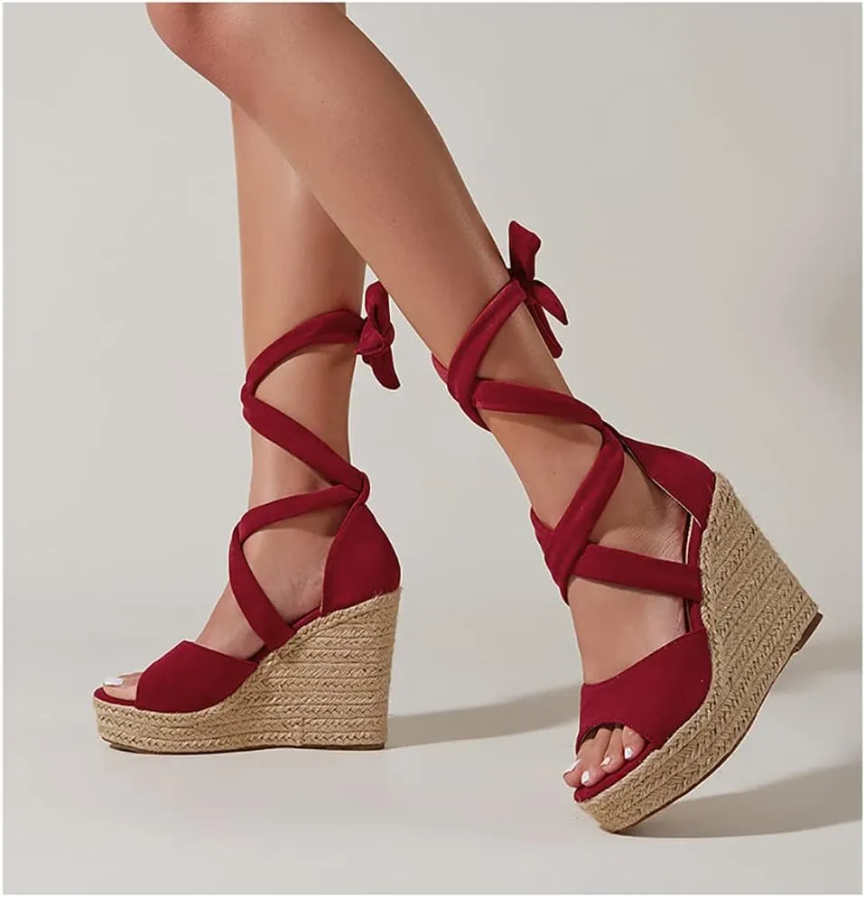 LEMUTISME Women's Trendy Suede Peep Toe Ankle-Tie Strap Lace Up Espadrille Platform Slip On Wedge Heel Summer Sandals