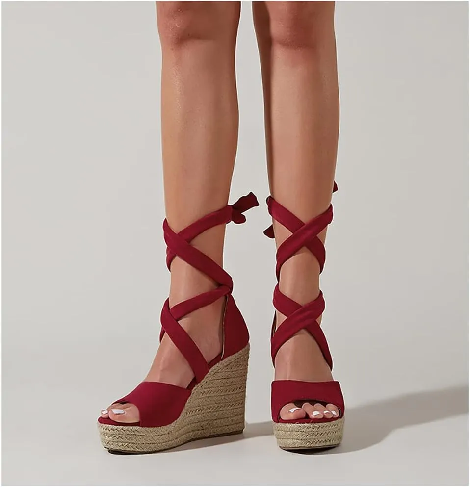 LEMUTISME Women's Trendy Suede Peep Toe Ankle-Tie Strap Lace Up Espadrille Platform Slip On Wedge Heel Summer Sandals