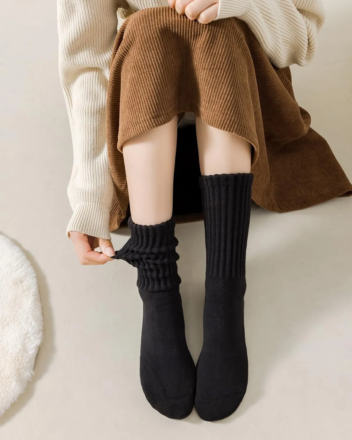 LGE Women's Slouch Crew Socks athletic socks Cotton 3 pairs retro mid tube solid color stacked tube socks casual boat socks