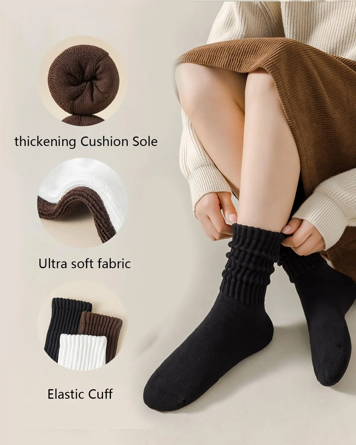 LGE Women's Slouch Crew Socks athletic socks Cotton 3 pairs retro mid tube solid color stacked tube socks casual boat socks