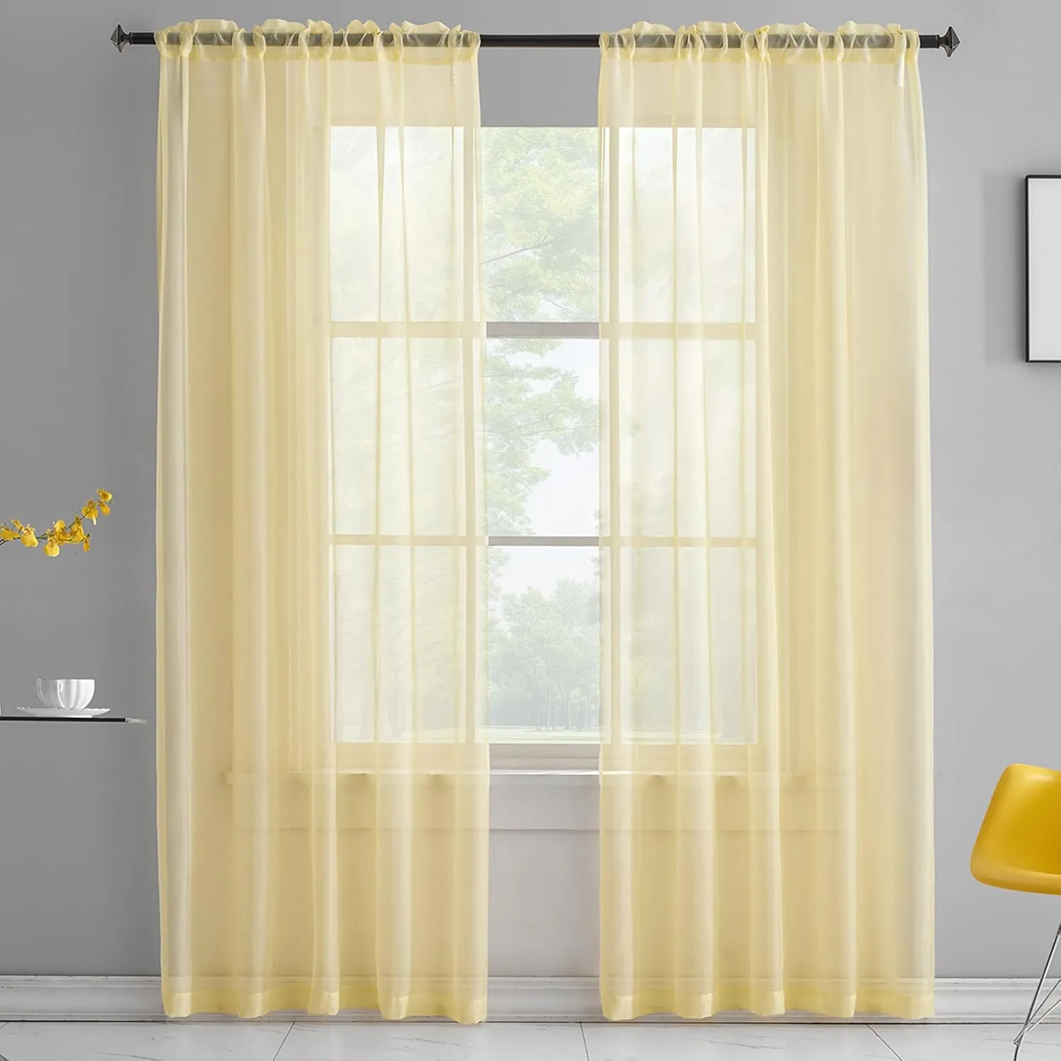 Light Yellow Sheer Voile Curtains Translucent Solid Color Window Treatment 84 Inches Long Panels Rod Pocket Light Yellow Sheers for Bedroom Living Room 2 Panels 52x84 Pastel Yellow