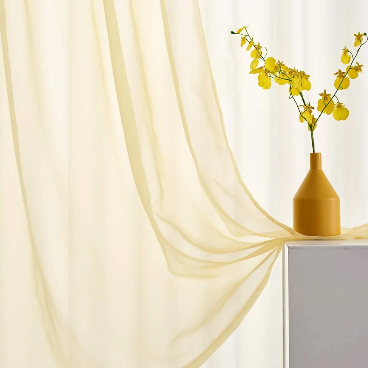 Light Yellow Sheer Voile Curtains Translucent Solid Color Window Treatment 84 Inches Long Panels Rod Pocket Light Yellow Sheers for Bedroom Living Room 2 Panels 52x84 Pastel Yellow