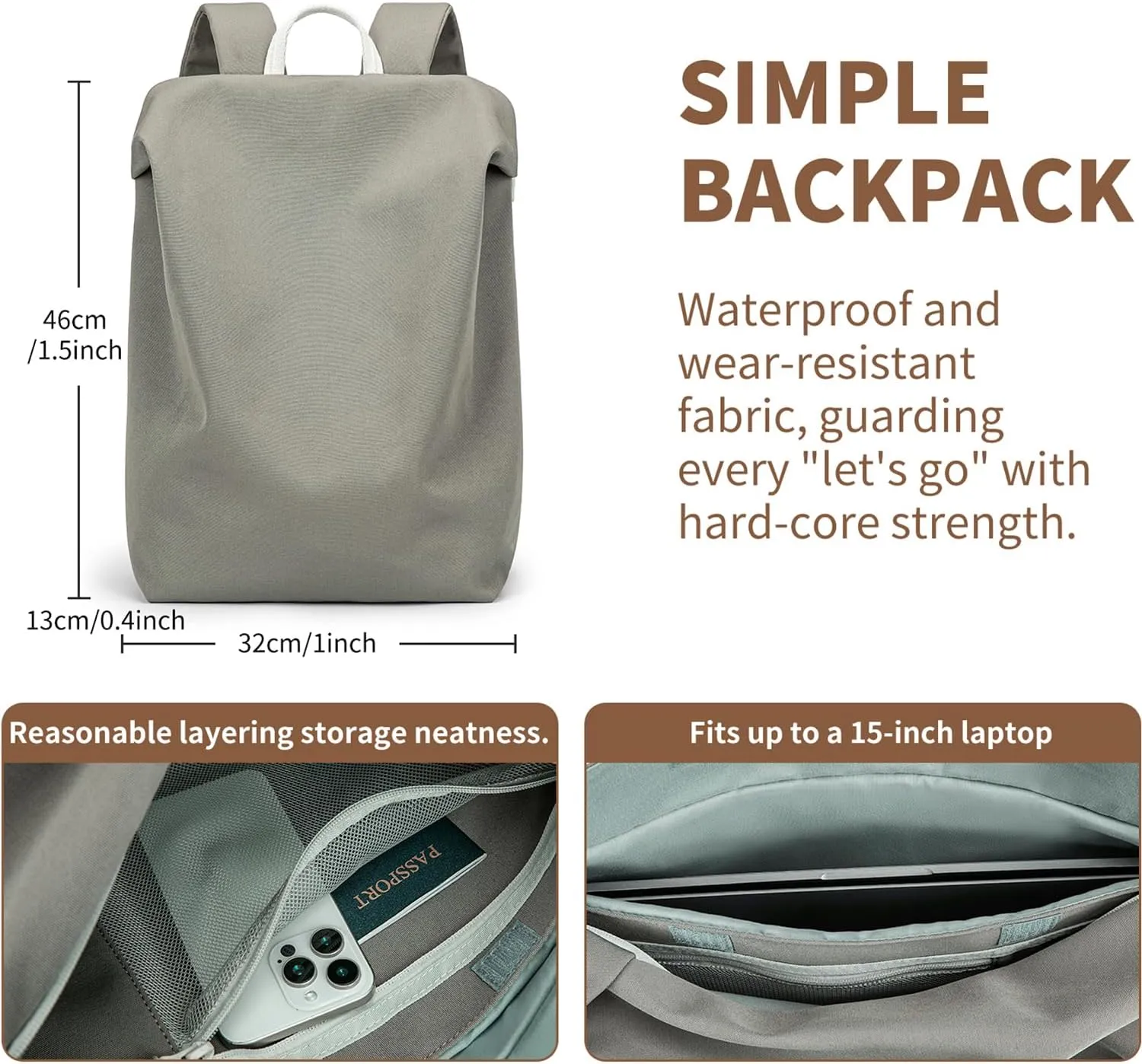 Lightweight Airy Waterproof Backpack - Durable Laptop Bookbag, Anti-Slip Compartments for Travel, Work, School (Brown)