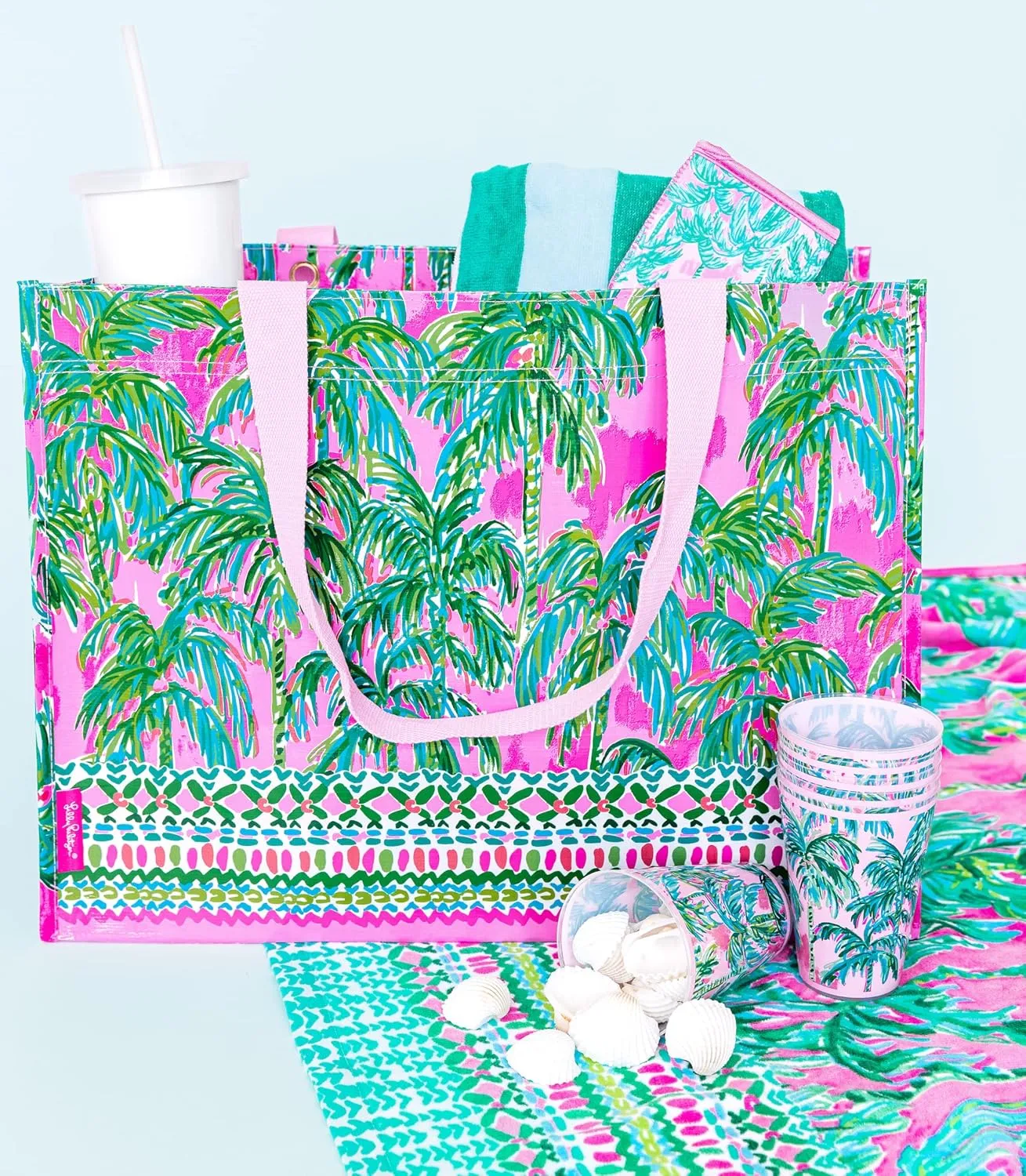 Lilly Pulitzer Pink/Green XL Market Shopper Bag, Oversize Reusable Grocery Tote with Comfortable Shoulder Straps, Suite Views