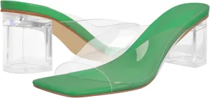 LISHAN Square Open Toe Mules Clear Mid Block Heeled Sandals for Women