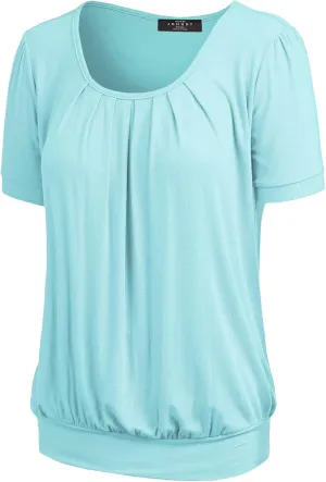 LL Womens Scoop Neck Short Sleeve Front Pleated Tunic - Made in USA