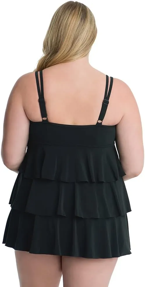 Longitude Women's Plus Size Swimwear Black Tie Triple Tier One Piece Swimdress
