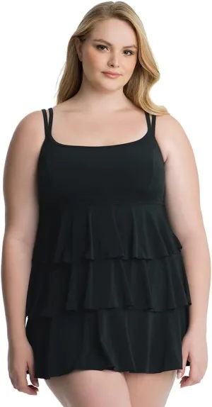 Longitude Women's Plus Size Swimwear Black Tie Triple Tier One Piece Swimdress