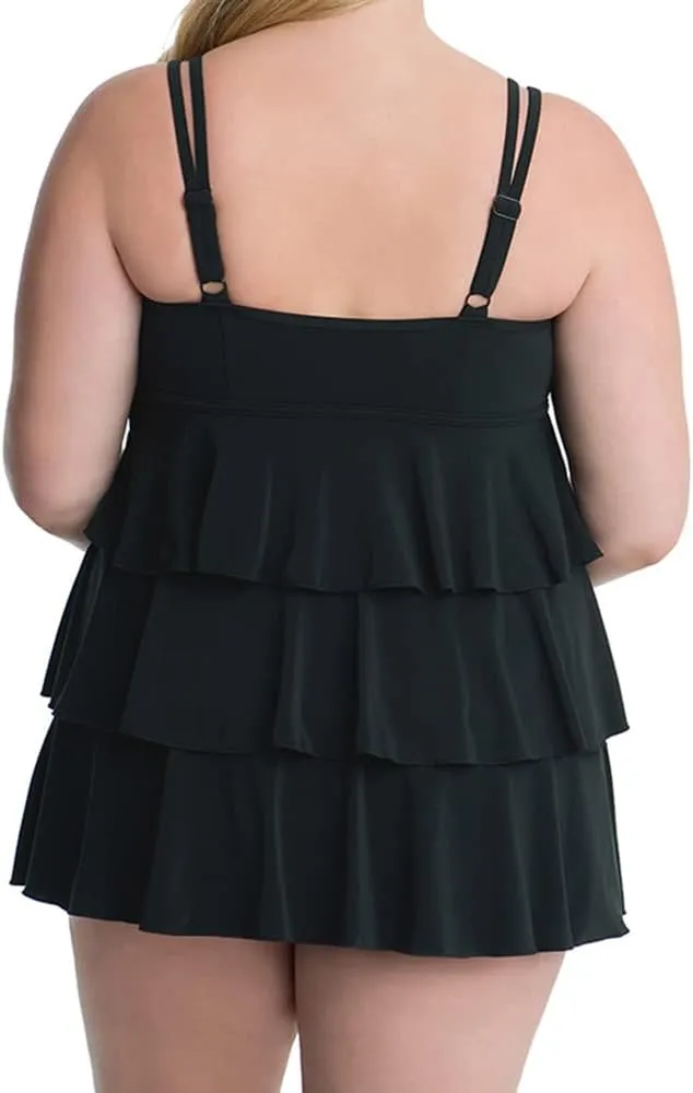 Longitude Women's Plus Size Swimwear Black Tie Triple Tier One Piece Swimdress
