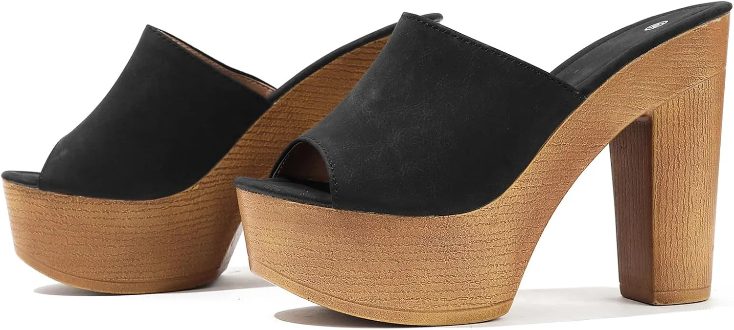 Lossarye Women's Open Toe Platform Chunky High Heel Mule Sandals Slip On Wedge Fish Mouth Slides Sandals Comfortable Dress Sandals