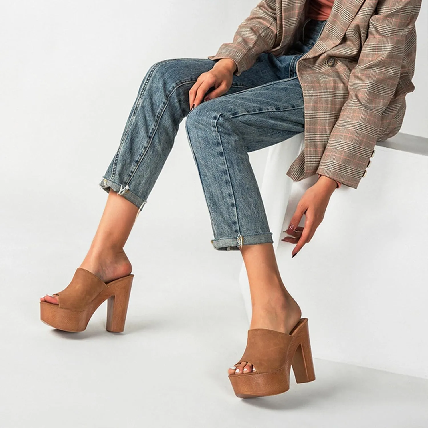 Lossarye Women's Open Toe Platform Chunky High Heel Mule Sandals Slip On Wedge Fish Mouth Slides Sandals Comfortable Dress Sandals