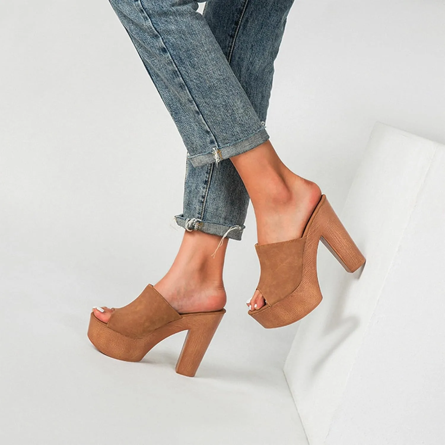 Lossarye Women's Open Toe Platform Chunky High Heel Mule Sandals Slip On Wedge Fish Mouth Slides Sandals Comfortable Dress Sandals