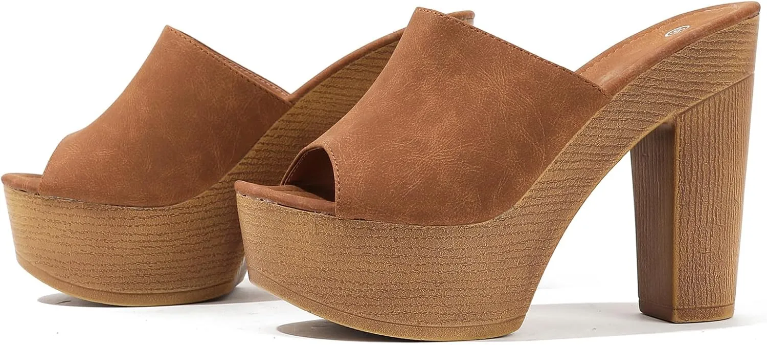 Lossarye Women's Open Toe Platform Chunky High Heel Mule Sandals Slip On Wedge Fish Mouth Slides Sandals Comfortable Dress Sandals