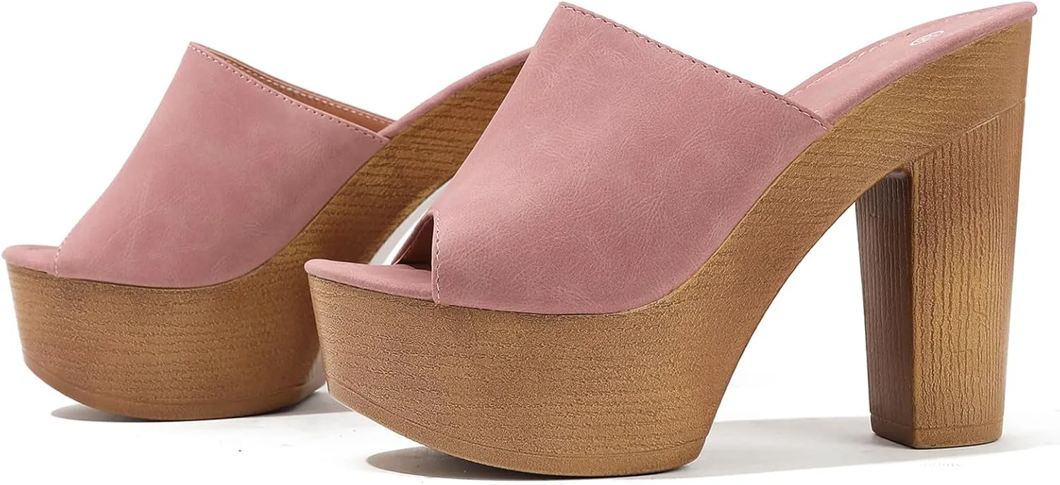 Lossarye Women's Open Toe Platform Chunky High Heel Mule Sandals Slip On Wedge Fish Mouth Slides Sandals Comfortable Dress Sandals