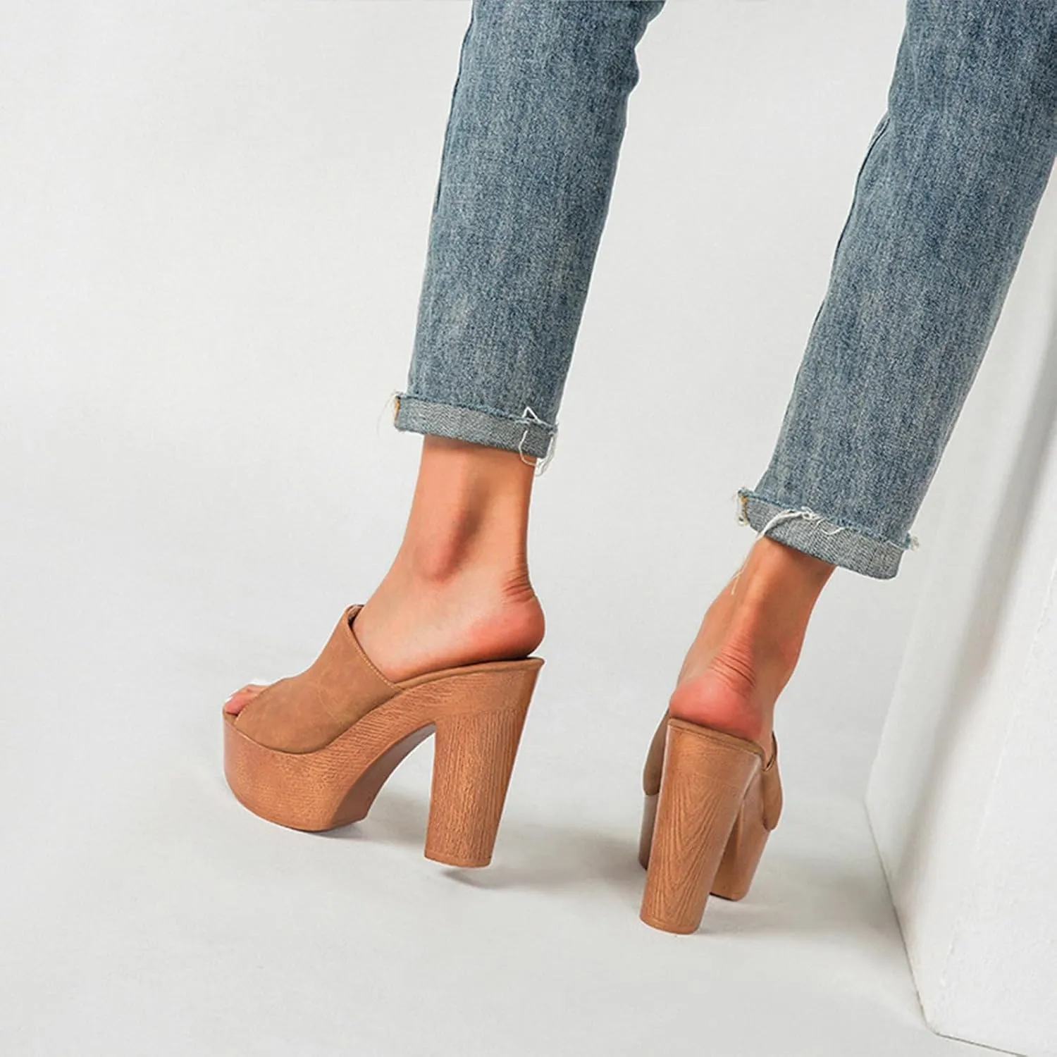 Lossarye Women's Open Toe Platform Chunky High Heel Mule Sandals Slip On Wedge Fish Mouth Slides Sandals Comfortable Dress Sandals