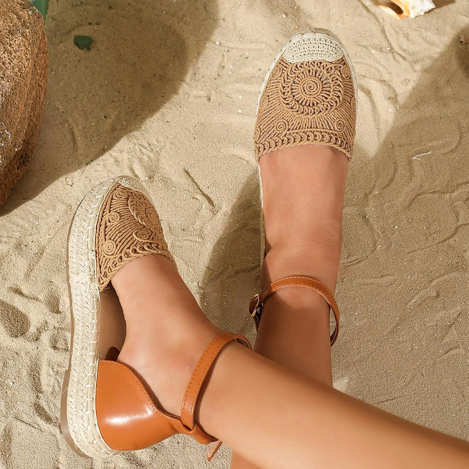 Lossarye Women's Platform Closed Toe Espadrille Sandals Adjustable Ankle Strap Comfortable Round Toe Breathable Flat Sandals for Summer Vocation Beach Dressy Shoes