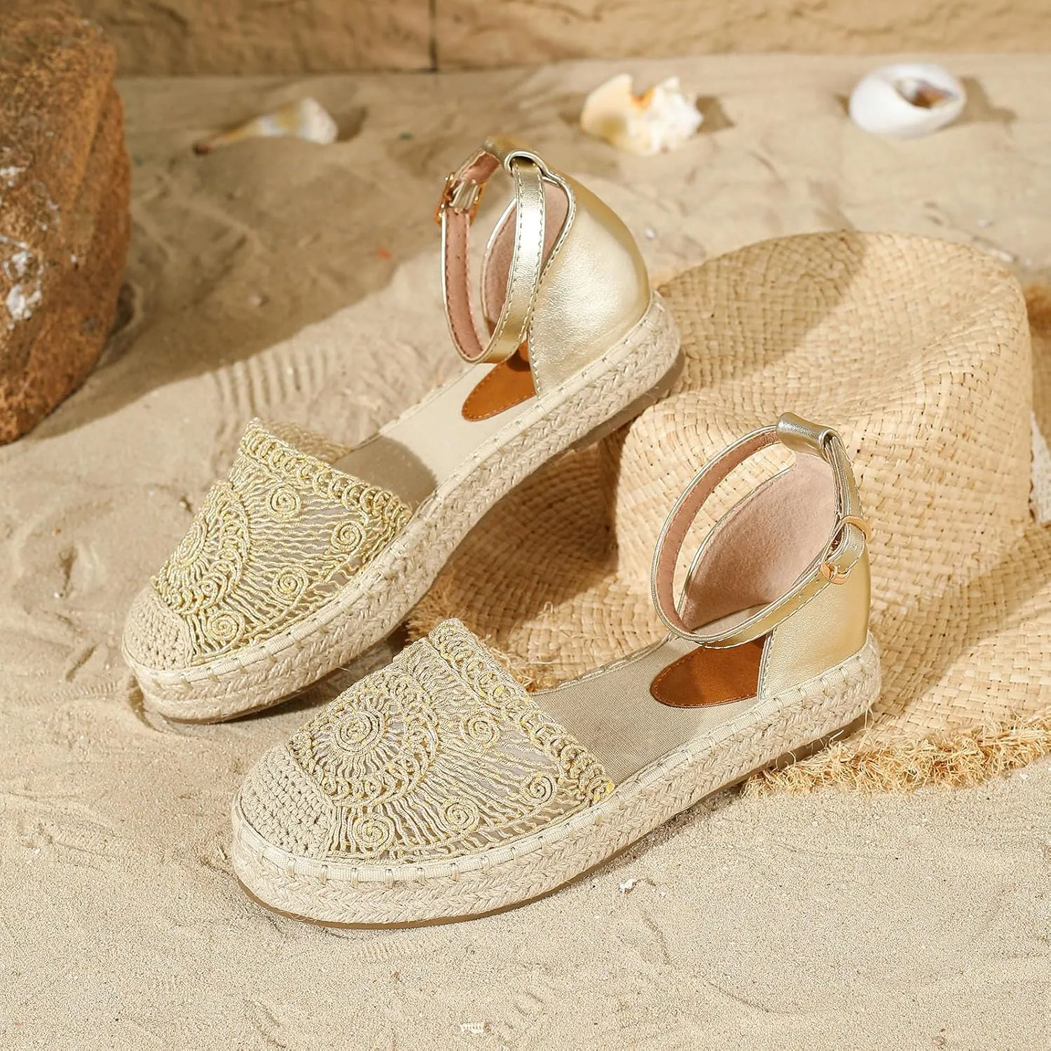 Lossarye Women's Platform Closed Toe Espadrille Sandals Adjustable Ankle Strap Comfortable Round Toe Breathable Flat Sandals for Summer Vocation Beach Dressy Shoes