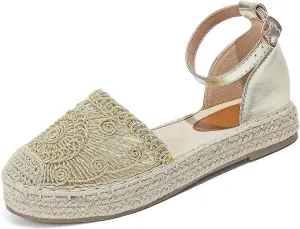 Lossarye Women's Platform Closed Toe Espadrille Sandals Adjustable Ankle Strap Comfortable Round Toe Breathable Flat Sandals for Summer Vocation Beach Dressy Shoes