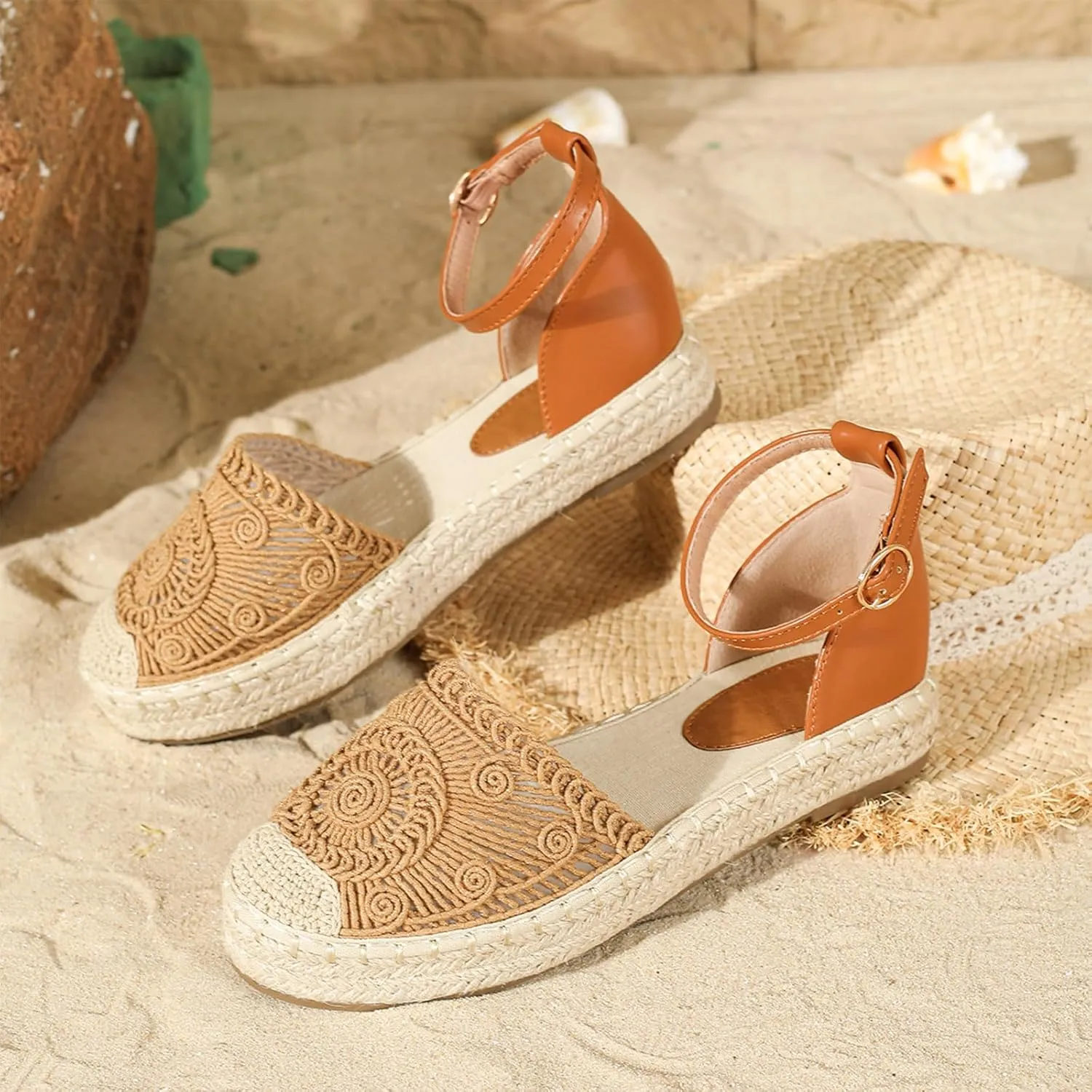 Lossarye Women's Platform Closed Toe Espadrille Sandals Adjustable Ankle Strap Comfortable Round Toe Breathable Flat Sandals for Summer Vocation Beach Dressy Shoes