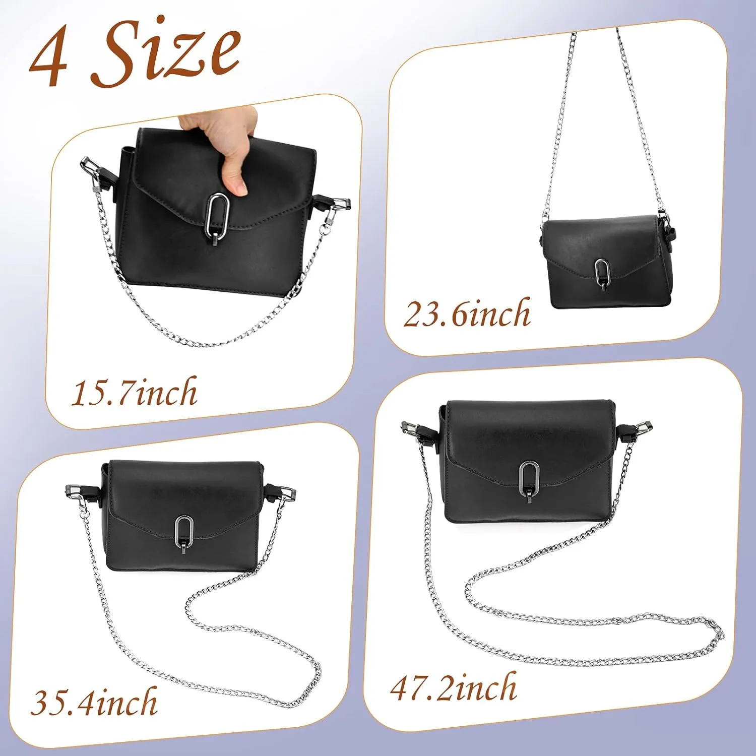 LOVLLE Purse Chain Strap for Purse - 4 Different Sizes Silver Flat Iron Bag Chains with Metal Buckles for Replacement Shoulder Handbag Crossbody Clutch (15.7'', 23.6'', 35.4'', 47.2 '')