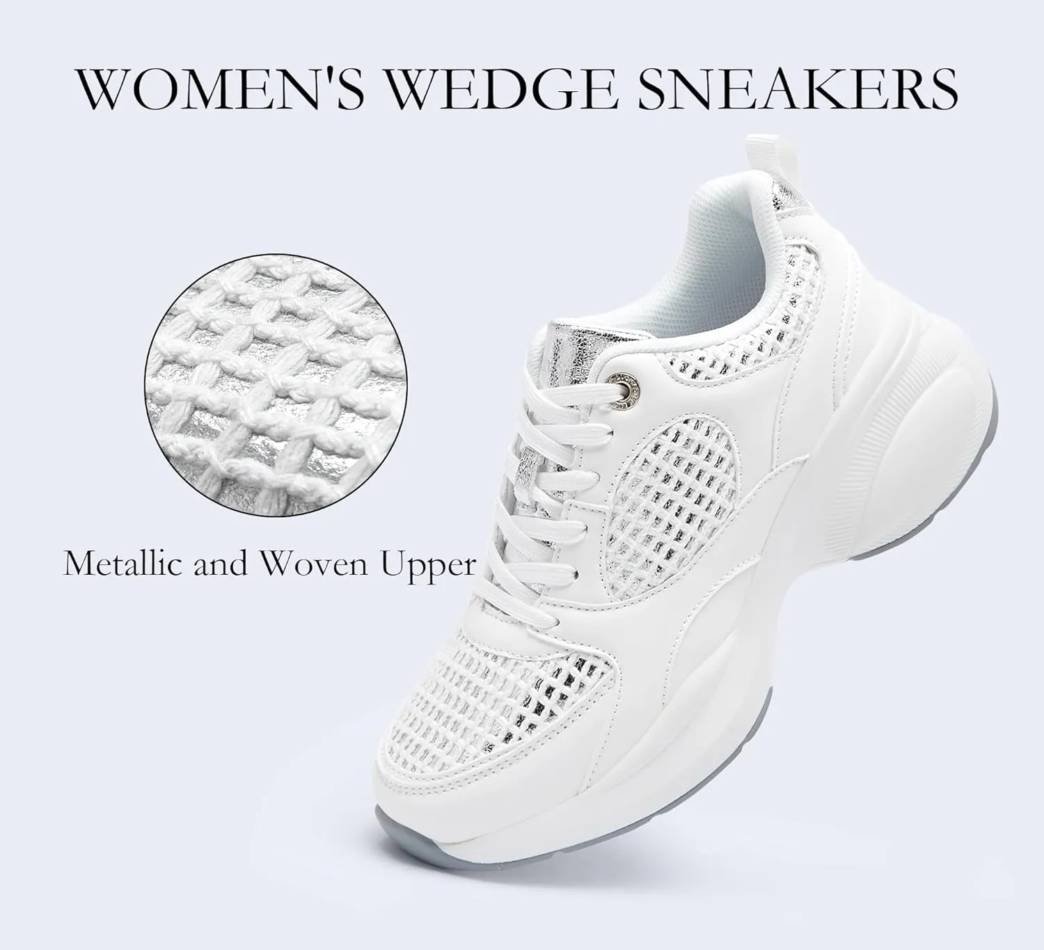 LUCKY STEP Women's Wedge Sneakers Fashion Heeled Cliff Platform Glitter Lace Up Metallic Casual Shoes
