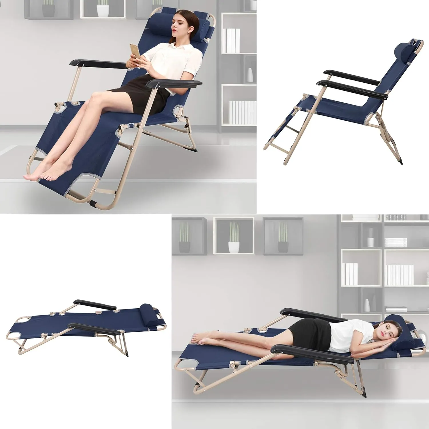 LUCKYERMORE 4 Pack Beach Outdoor Lounge Chairs, Tanning Lounge Chair and Full Flat Cot 2 in 1, Folding Reclining Chairs for Outdoor Lawn Beach Pool Camping, 60" L x 19 W, Dark Blue