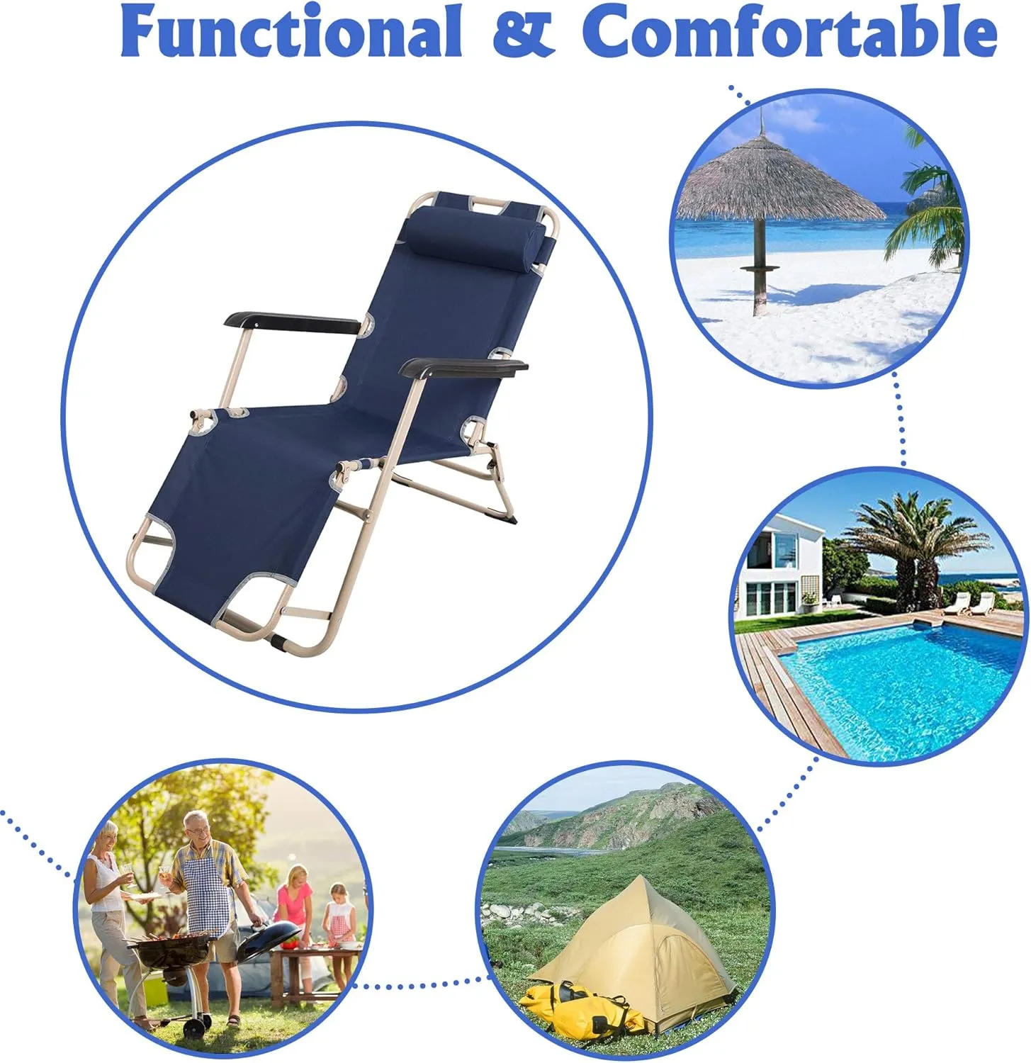 LUCKYERMORE 4 Pack Beach Outdoor Lounge Chairs, Tanning Lounge Chair and Full Flat Cot 2 in 1, Folding Reclining Chairs for Outdoor Lawn Beach Pool Camping, 60" L x 19 W, Dark Blue