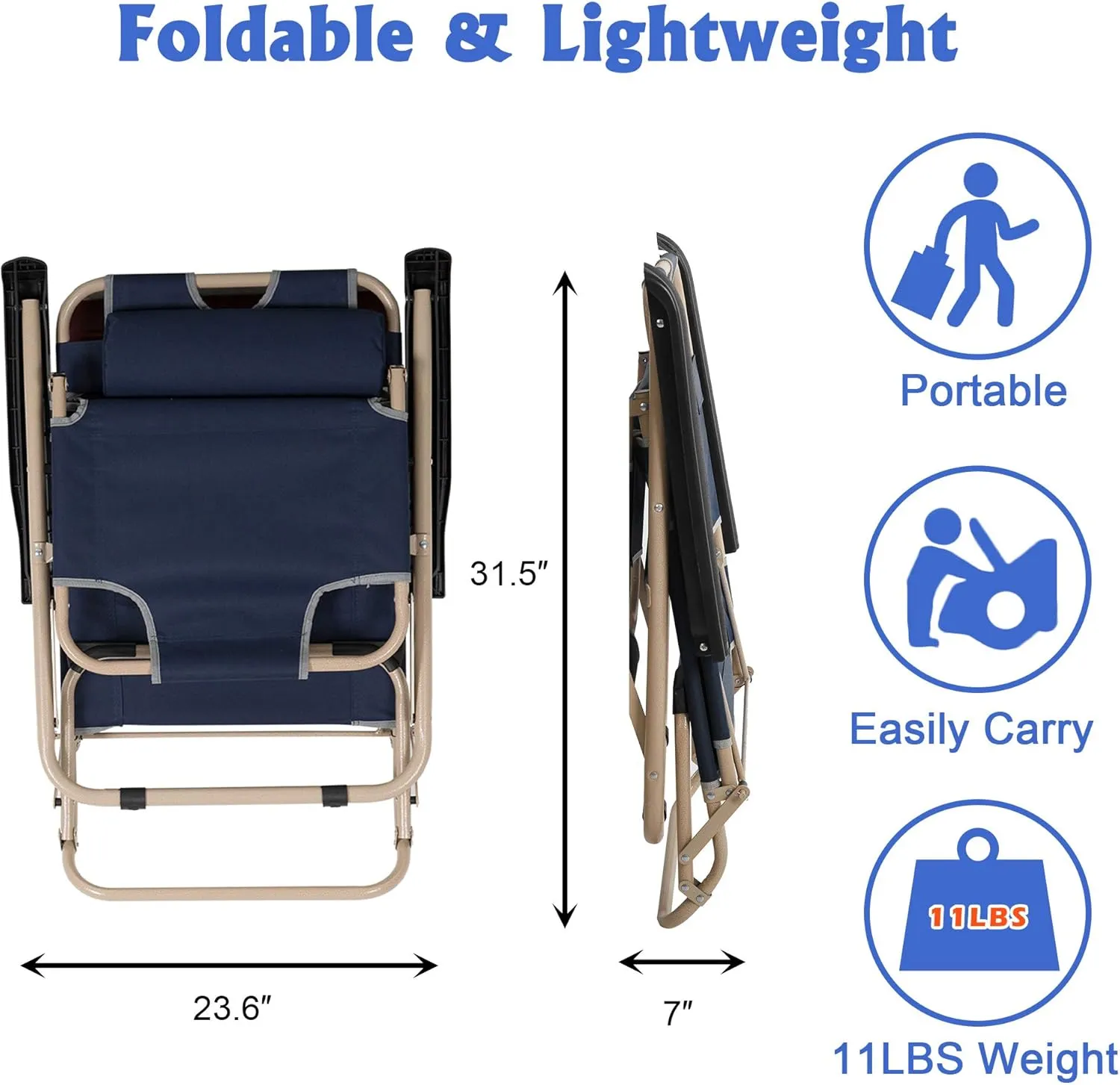 LUCKYERMORE 4 Pack Beach Outdoor Lounge Chairs, Tanning Lounge Chair and Full Flat Cot 2 in 1, Folding Reclining Chairs for Outdoor Lawn Beach Pool Camping, 60" L x 19 W, Dark Blue