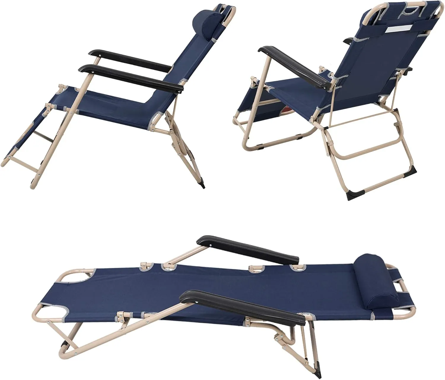 LUCKYERMORE 4 Pack Beach Outdoor Lounge Chairs, Tanning Lounge Chair and Full Flat Cot 2 in 1, Folding Reclining Chairs for Outdoor Lawn Beach Pool Camping, 60" L x 19 W, Dark Blue