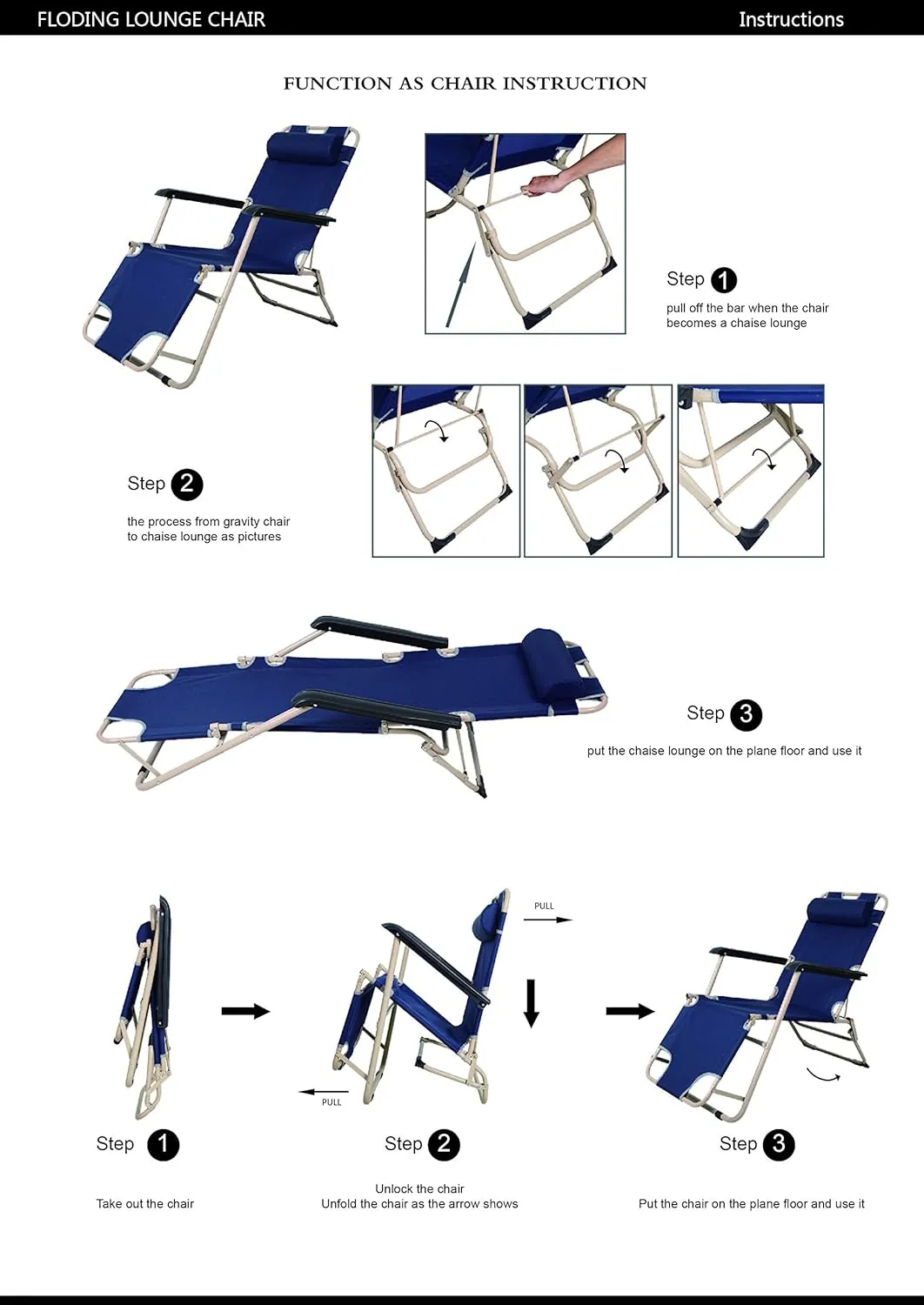 LUCKYERMORE 4 Pack Beach Outdoor Lounge Chairs, Tanning Lounge Chair and Full Flat Cot 2 in 1, Folding Reclining Chairs for Outdoor Lawn Beach Pool Camping, 60" L x 19 W, Dark Blue