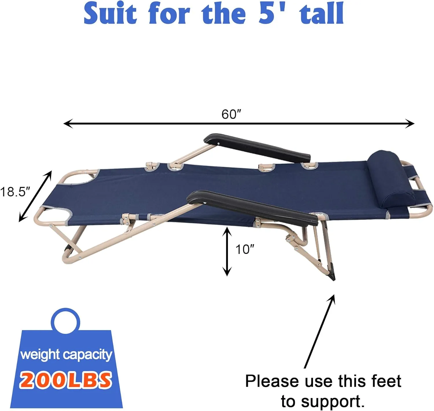 LUCKYERMORE 4 Pack Beach Outdoor Lounge Chairs, Tanning Lounge Chair and Full Flat Cot 2 in 1, Folding Reclining Chairs for Outdoor Lawn Beach Pool Camping, 60" L x 19 W, Dark Blue