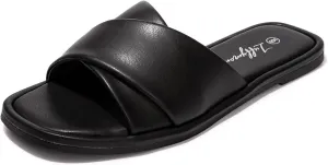 Luffymomo Womens Square Toe Flat Sandals Soft Leather Slide Sandals Cute Slip on Slippers for Summer