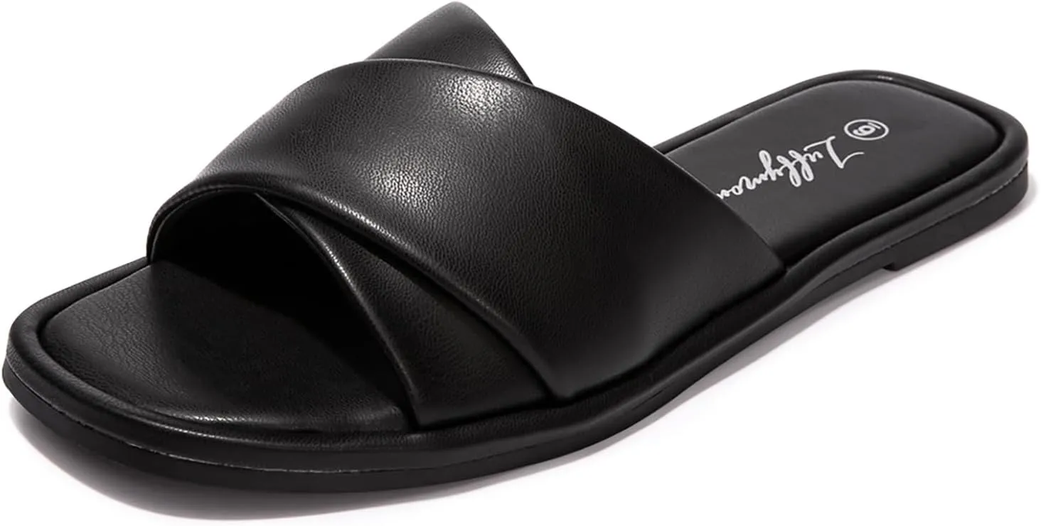 Luffymomo Womens Square Toe Flat Sandals Soft Leather Slide Sandals Cute Slip on Slippers for Summer