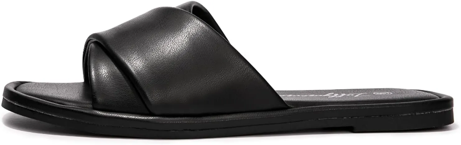 Luffymomo Womens Square Toe Flat Sandals Soft Leather Slide Sandals Cute Slip on Slippers for Summer
