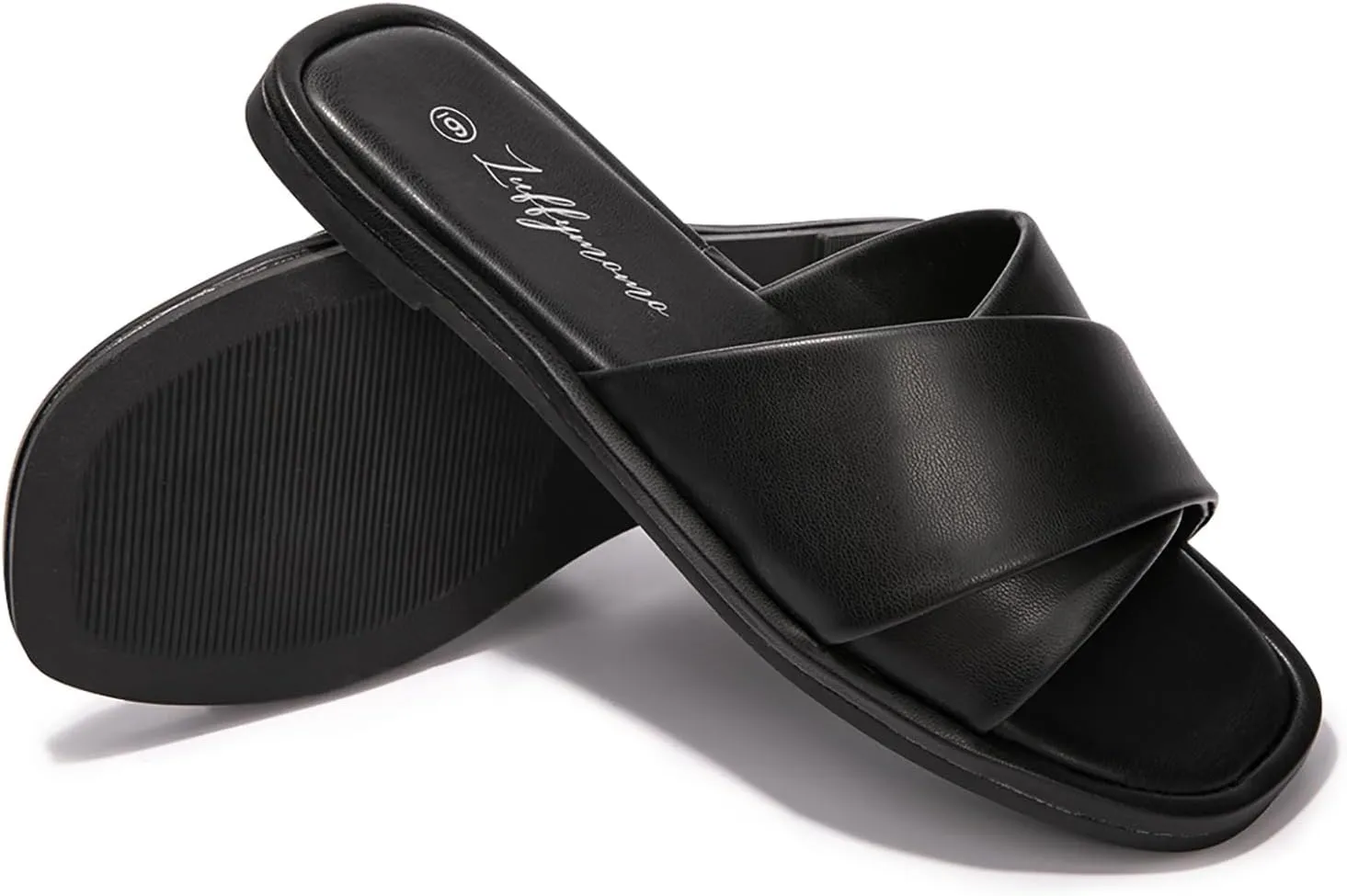 Luffymomo Womens Square Toe Flat Sandals Soft Leather Slide Sandals Cute Slip on Slippers for Summer