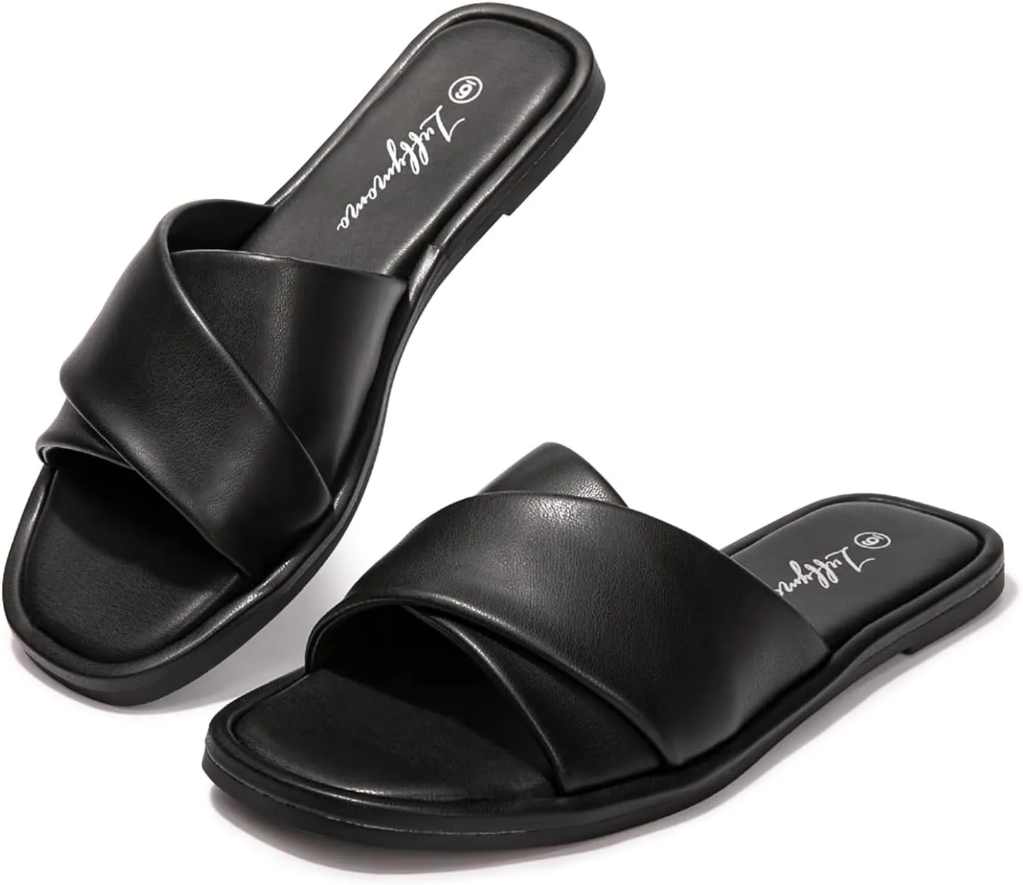 Luffymomo Womens Square Toe Flat Sandals Soft Leather Slide Sandals Cute Slip on Slippers for Summer