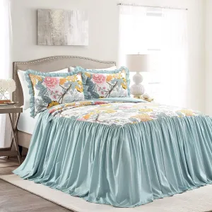 Lush Decor Sydney Bedspread Set - Charming & Colorful Floral Leaf Design - 3 Piece Elegant Ruffle Skirt Bedding Set With Shams - Queen, Blue & Yellow