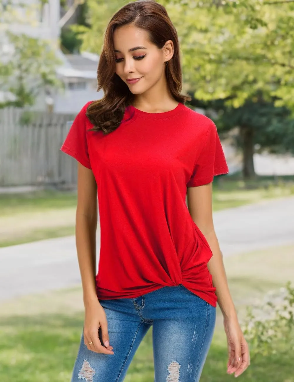 LUSMAY Womens Short Sleeve Loose Twist Knot Front T Shirts Cotton Casual Blouse