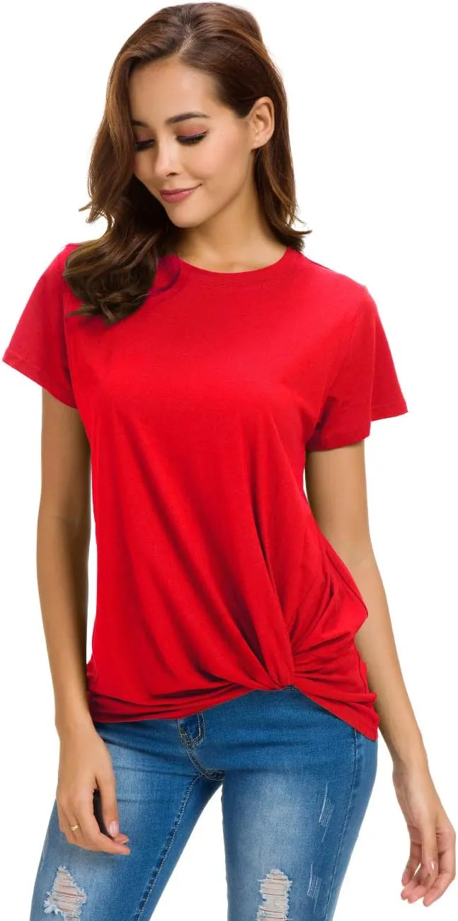 LUSMAY Womens Short Sleeve Loose Twist Knot Front T Shirts Cotton Casual Blouse