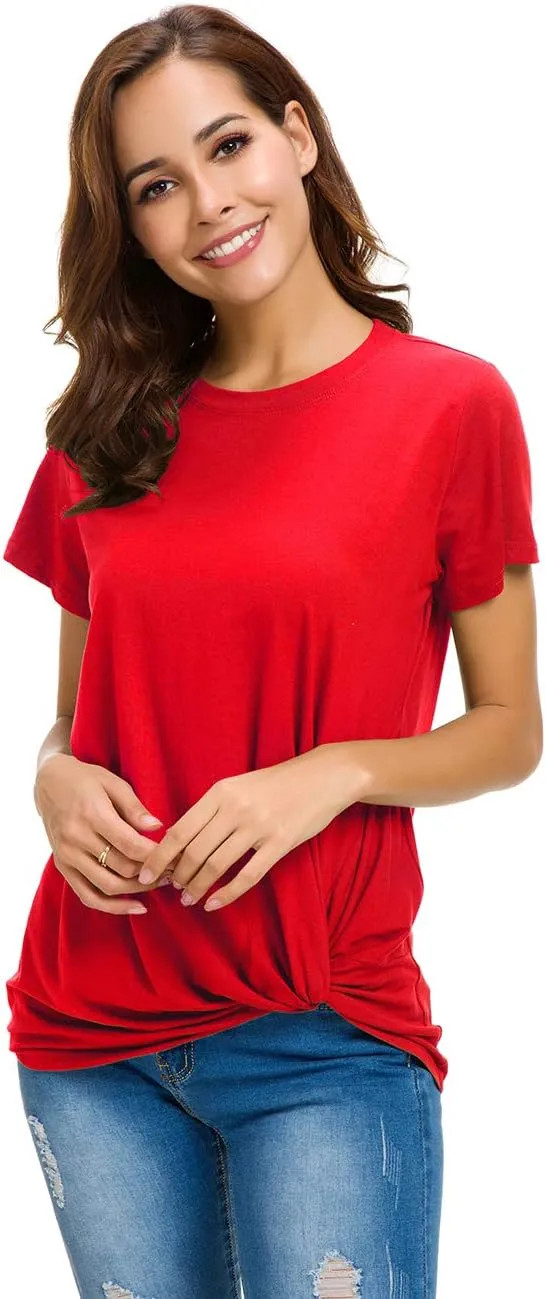 LUSMAY Womens Short Sleeve Loose Twist Knot Front T Shirts Cotton Casual Blouse