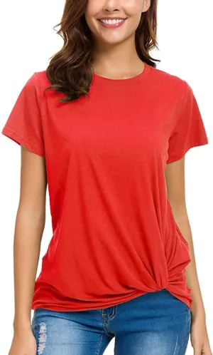 LUSMAY Womens Short Sleeve Loose Twist Knot Front T Shirts Cotton Casual Blouse
